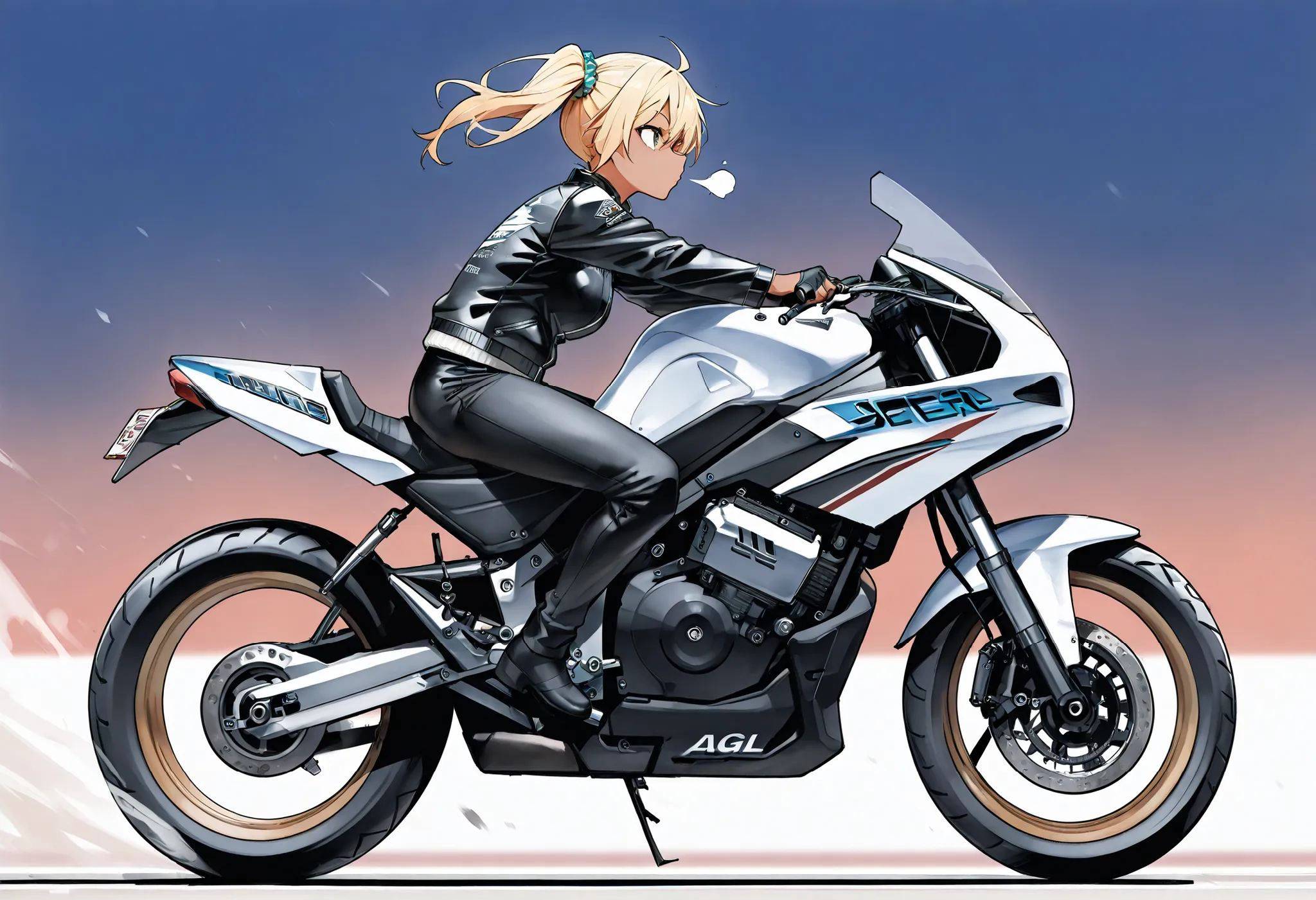 (((Best quality, 8k, Masterpiece: 1.3)), ((best quality)), ((masterpiece)), (detailed), Japanese gal, blonde, side ponytail, tanned skin, Motorcycle rider, riders jacket, A gal driving a motorcycle, a sense of speed, Hair blowing in the wind, no helmet, Gr...
