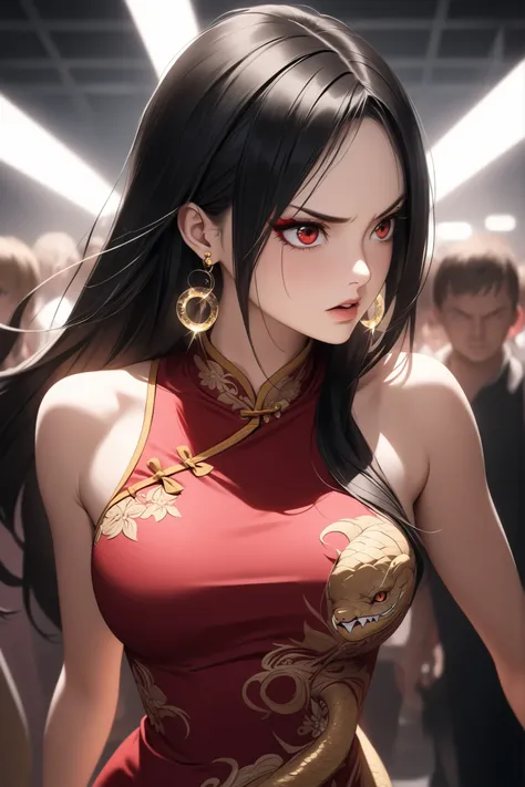 ((extremely realistic)), ((RAW 8K)), ((hyper-detailed skin texture)), ((studio-grade lighting)), female cosplayer as Boa Hancock from One Piece — fierce and stunning.

Waist-up angle, focused clearly on her sharp, furious expression. Long black hair parted...