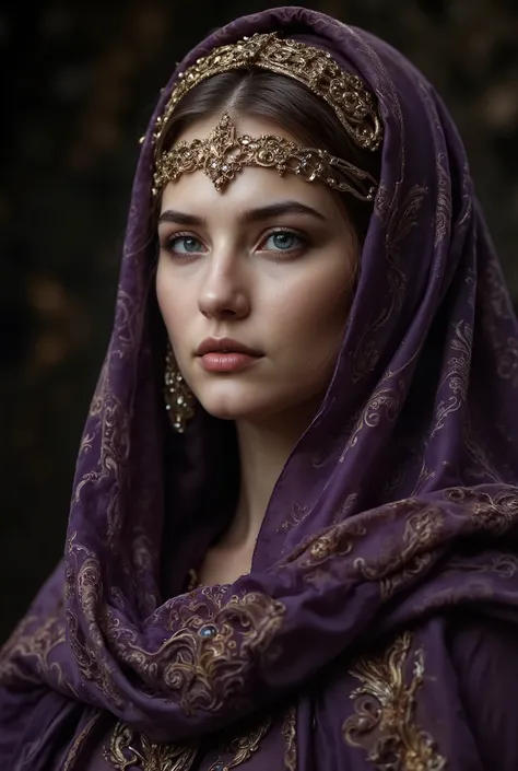 Cinematic close-up of a young Hellenistic queen with a stoic contemplative expression, her face perfectly lit in the Rembrandt style. Royal dress in imperial purple silk with gold embroidery subtly flowing around her face. Discreet gold diadem with preciou...