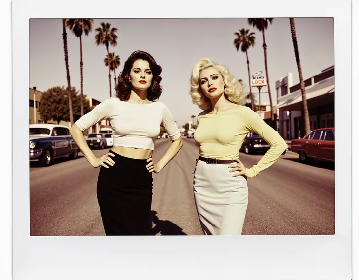 A nostalgic Polaroid-style photo from the 1950s capturing two glamorous women posing confidently on a sun-drenched California street. The image has a soft, slightly faded look with subtle film grain, rounded corners, and the signature white Polaroid frame....