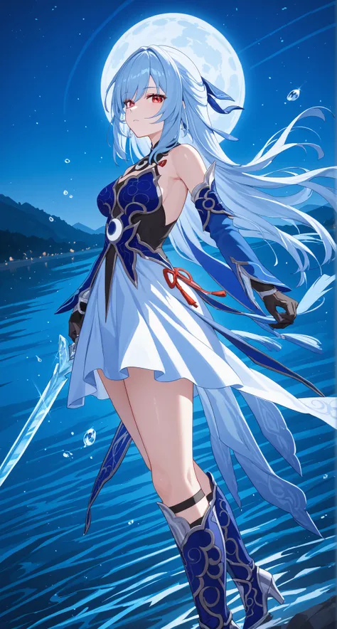 nsfw,Jingliu,glass cover,side shot,alternate color,masterpiece,detailed illustration,lifelike,{{{1Jingliu}}},shiny beautiful woman,cinematic lighting,dynamic angle,dynamic pose,depth of field,looking at viewer,1girl,jgsd,red eyes,blue armored dress,white s...