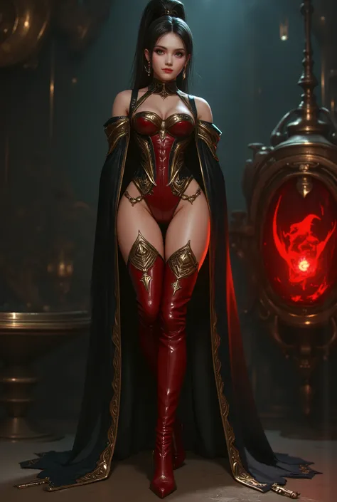 photo real. steampunk woman, with dark red thigh high boots with 12 inch heels.
