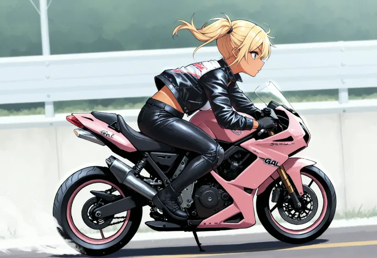 (((Best quality, 8k, Masterpiece: 1.3)), ((best quality)), ((masterpiece)), (detailed), Japanese gal, blonde, side ponytail, tanned skin, Motorcycle rider, shiny riders jacket, A gal driving a motorcycle, a sense of speed, Hair blowing in the wind, no helm...
