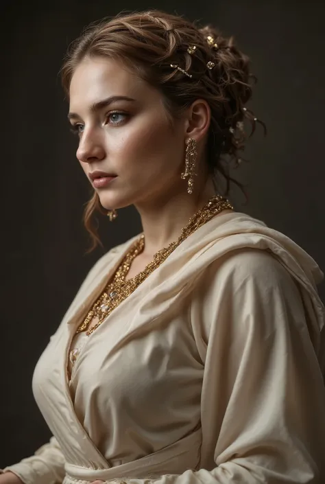 Roman princess in majestic posture, medium shot with full focus on the figure. Wearing a translucent white silk stole in flowing layers as if moved by an invisible breeze. Elegant drapery revealing a strong and graceful silhouette. Hair arranged in Flavian...