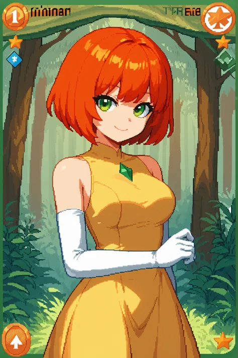 score_9, score_8_up, score_7_up, source_anime, 1girl, solo, pixel art, tr4dingcard, card (medium), english_test, common_rarity_icon, N, trading_card, white_trade_card_frames, solo, redhead BREAK 

Short hair, red hair, bob_cut, bangs, green eyes, medium br...