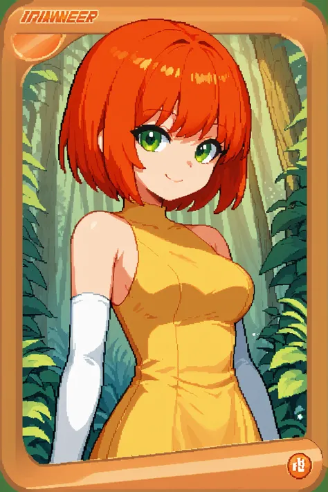 score_9, score_8_up, score_7_up, source_anime, 1girl, solo, pixel art, tr4dingcard, card (medium), english_test, common_rarity_icon, N, trading_card, white_trade_card_frames, solo, redhead BREAK 

Short hair, red hair, bob_cut, bangs, green eyes, medium br...