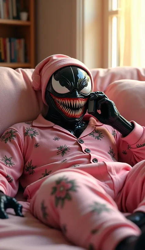 close up,venom lying in bed,Place one leg on the knee of the other,strong ones,wearing cute pink pajamas with flower motifs,Black Mask,pink nightcap,Warm colors,Small bedroom,Hold the phone in your hand and place it next to your face,Call up,daytime,The su...