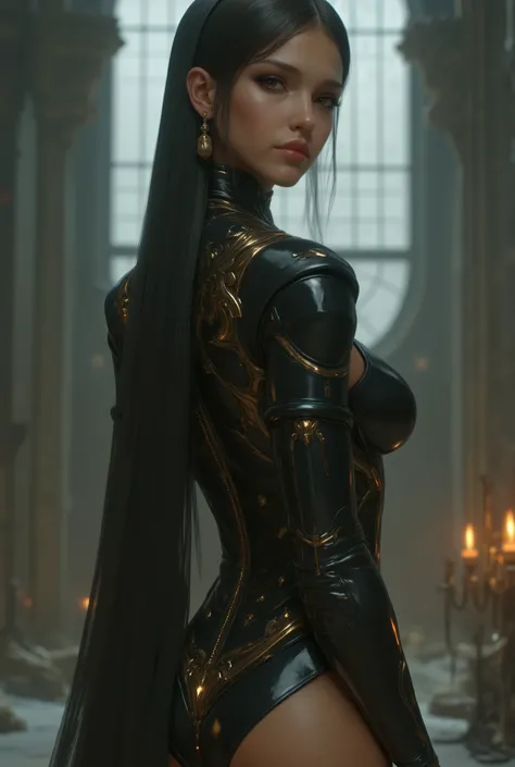 photo real. steampunk woman, with black thigh high boots with 12 inch heels. looking to the side