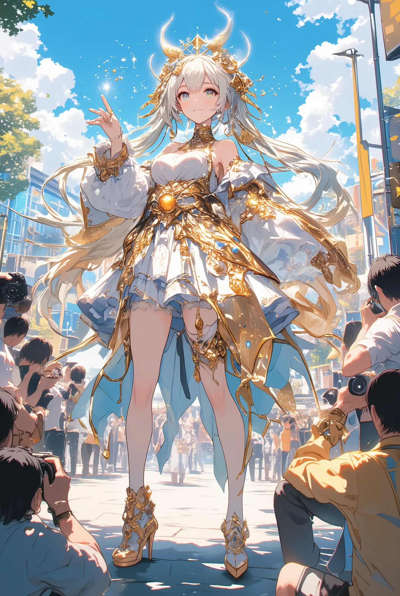 a vibrant anime-style girl in a fantasy cosplay outfit standing confidently at the center of a cosplay event,  
surrounded by a crowd of enthusiastic photographers holding cameras,  
she strikes a dynamic pose with one hand raised and sparkling effects around her,  
her outfit features ornate gold decorations, flowing pastel-colored hair, and elegant accessories,  
the background shows an outdoor venue with modern architecture and clear blue sky,  
she radiates energy and charm as if performing a magical gesture,  
anime-style illustration, high clarity, vivid lighting, joyful and celebratory atmosphere