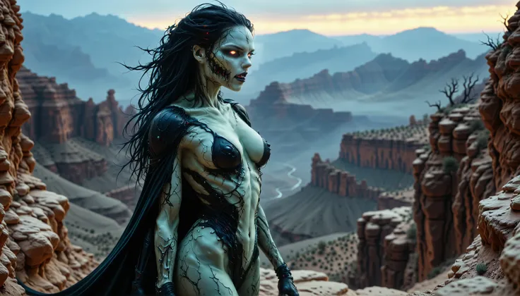 cybernetic corruption, seductive cybernatic vampire, fangs,Desert Cliff Edge: Lone vampire with dark dreadlocks, glowing emerald eyes, in a flowing black cloak. She gazes over a red‑hued canyon at dawn.