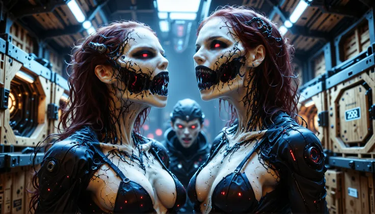 cybernetic corruption, seductive cybernatic vampire, fangs,Cargo Bay Hideout: Two vampires whispering—a brunette with cobalt implants, a redhead with ruby implants. Both wear stealth suits as dim red lights pulse behind shipping crates.