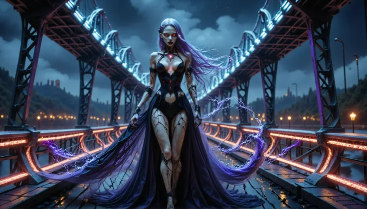 cybernetic corruption, seductive cybernatic vampire, Neon Bridge: Vampire with long lavender hair, glowing silver eyes, in a corseted dress laced with fiber optics. She walks across an empty illuminated bridge at night.