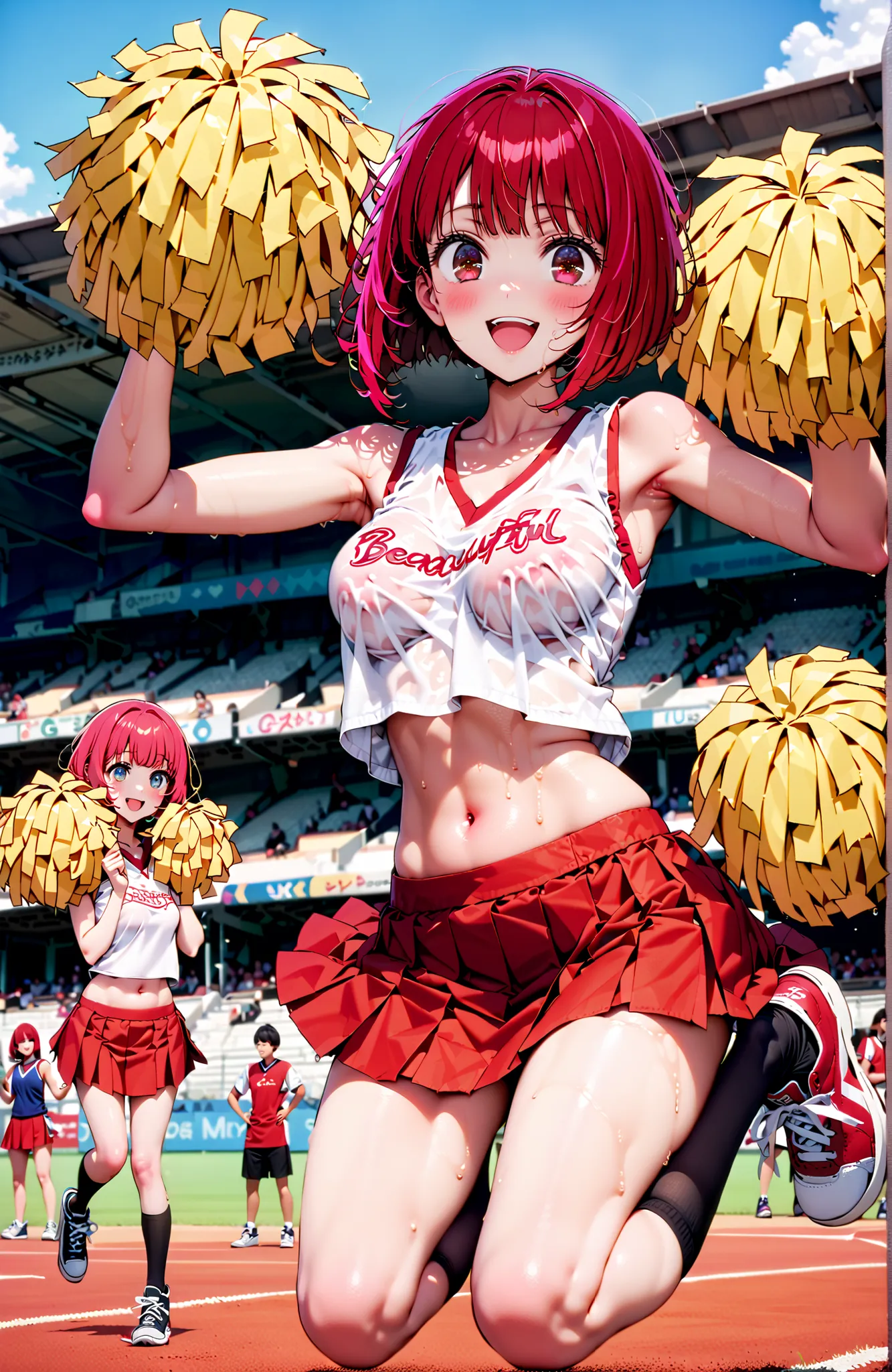 score_9, score_8_up, score_7_up, source_anime,
Arima etc., short hair, bungs, Red Eyes, red hair, bob cut,Medium breast, smile,blush,open your mouth,(Cheerleading), (full body),  on chest, (sweated), sweated Wet Clothes, (white clothes),sleeveless, pleated...