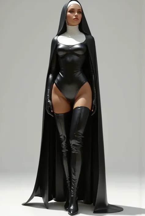 photo real. nun, with black thigh high boots with 12 inch heels. looking to the side