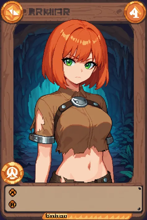 score_9, score_8_up, score_7_up, source_anime, 1girl, solo, pixel art, tr4dingcard, card (medium), english_test, common_rarity_icon, N, trading_card, white_trade_card_frames, solo, redhead BREAK 

Short hair, red hair, bob_cut, bangs, green eyes, medium br...