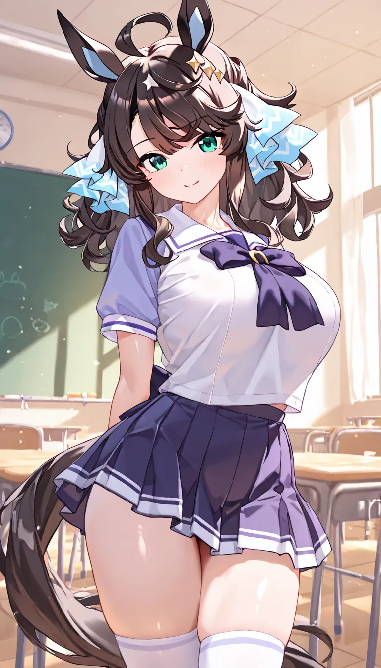 Daring Tact \(Uma Musume\), 1 girl in school uniform、Mini Skirt、　schools　Classroom　white thighs+++　　very short skirt　Torresen Academy Uniforms:1.5 Big Breasts　standing　　