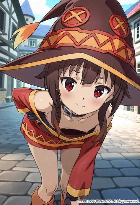 (megumin:1.5)、(ultra small chest:1.3)、(ultra flat chest:1.3)、(bent over:1.1)、(downblouse:1.1)、(nipple slip-out:0.7)、(ultra super fine illustration:1.1)、(extremely detailed CG:1.1)、(best quality:1.1)、(cobblestone streets in a medieval town:1.1)