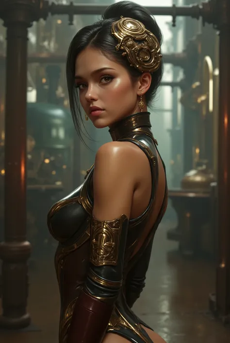 photo real. steampunk woman, with dark brown thigh high boots with 12 inch heels. looking to the side