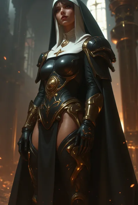 photo real. steampunk nun, with dark brown thigh high boots with 12 inch heels. looking to the side