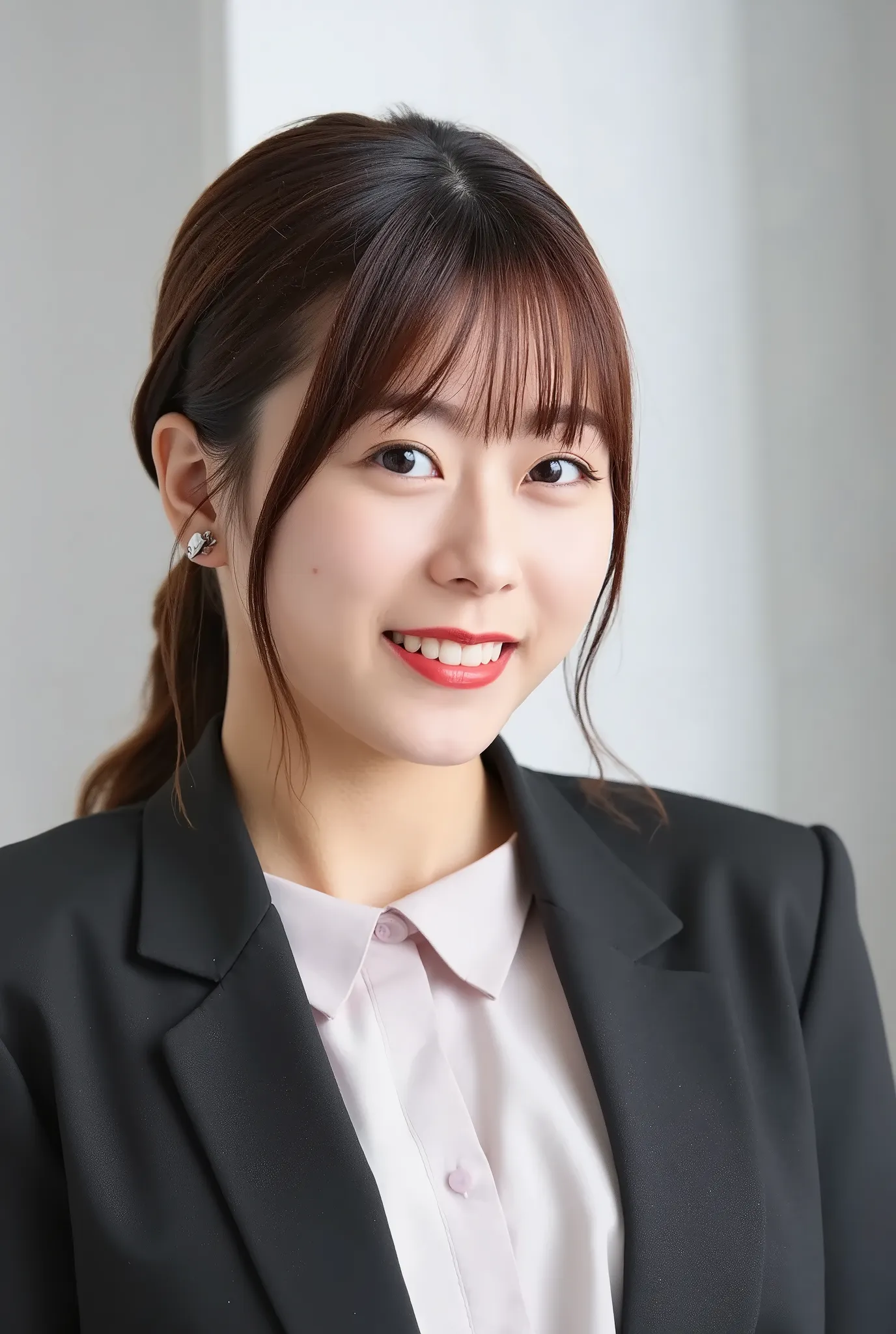 A neat and clean young woman、office lady suit、jacket、shirt、necklace、and look at the camera、hairstyle shortcuts、 pale brown hair、 smile showing teeth、ear piercing、upper body、Background is in a room、