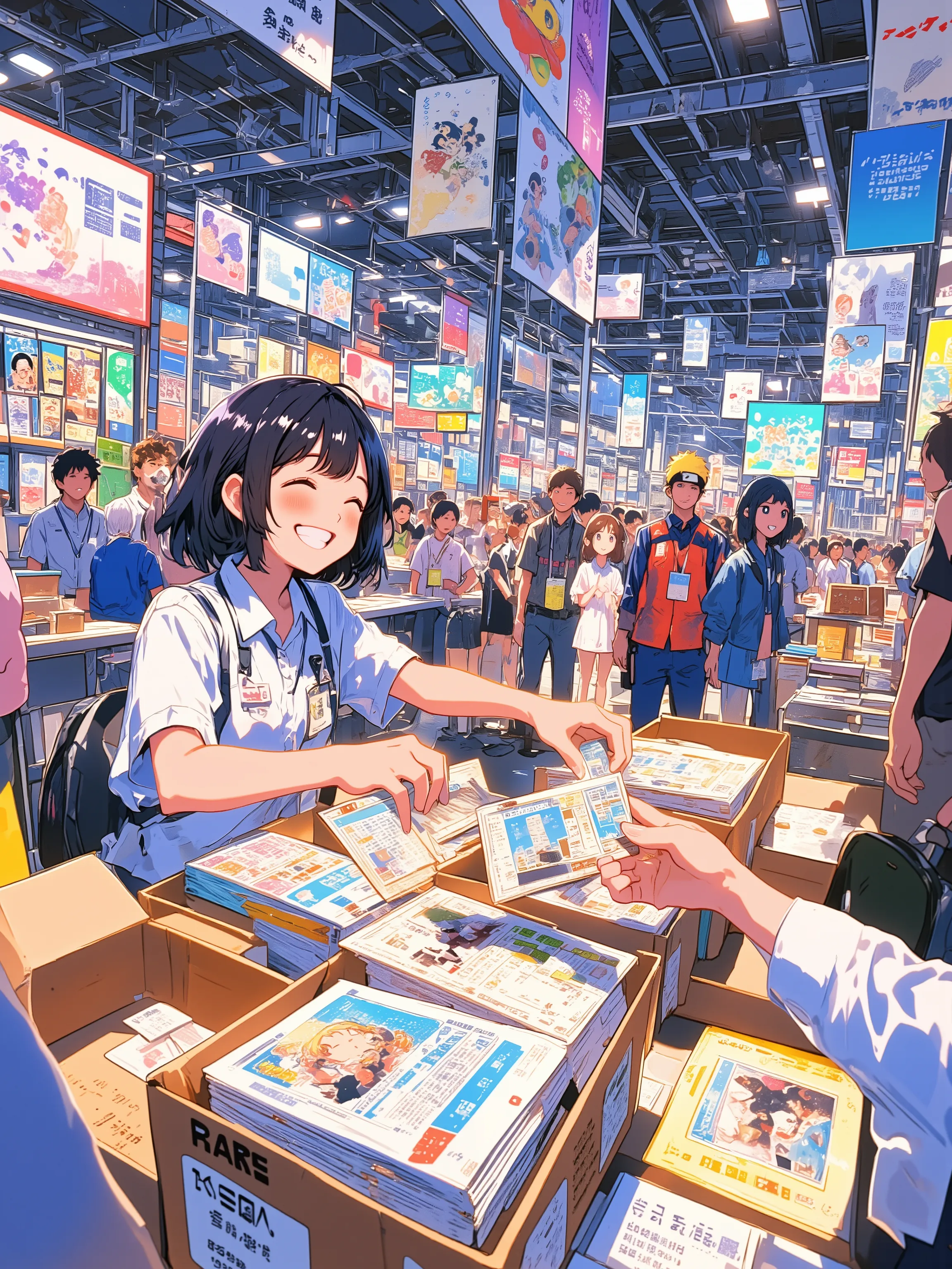 A cute anime-style girl with short black hair sits at her booth in a comic convention. She smiles brightly while handing a thin manga-style booklet and some change to a customer using both hands. The customer is reaching out to receive them, showing a natu...