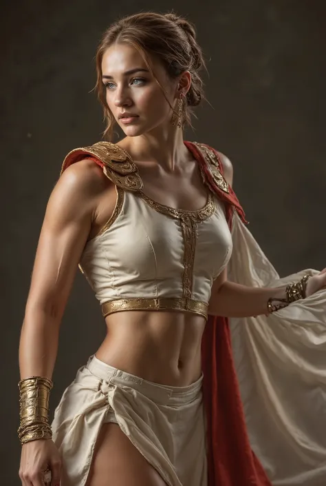 Young Spartan queen with an athletic and elegant physique in a pose of calm self-confidence. Wearing a royal white silk chiton with red and gold details, flowing fabric revealing a strong and graceful silhouette. Royal mantle fastened over one shoulder cre...