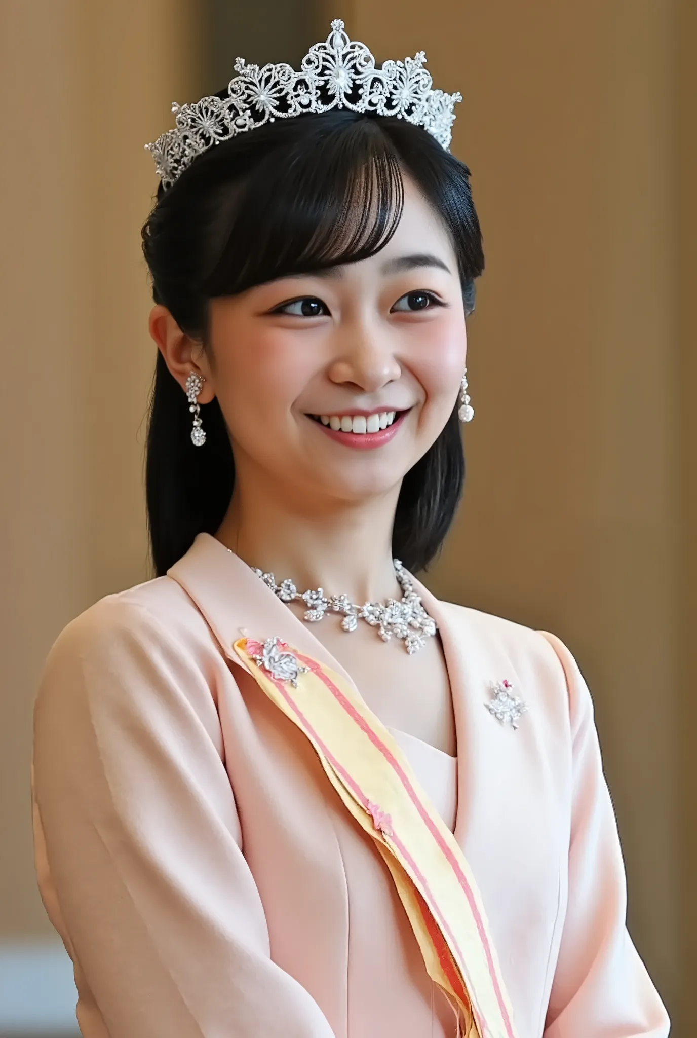 Young Japanese Woman 、formal wear、necklace、ear piercing、smile showing teeth、dark eyeshadow、upper body、Background is in a room、