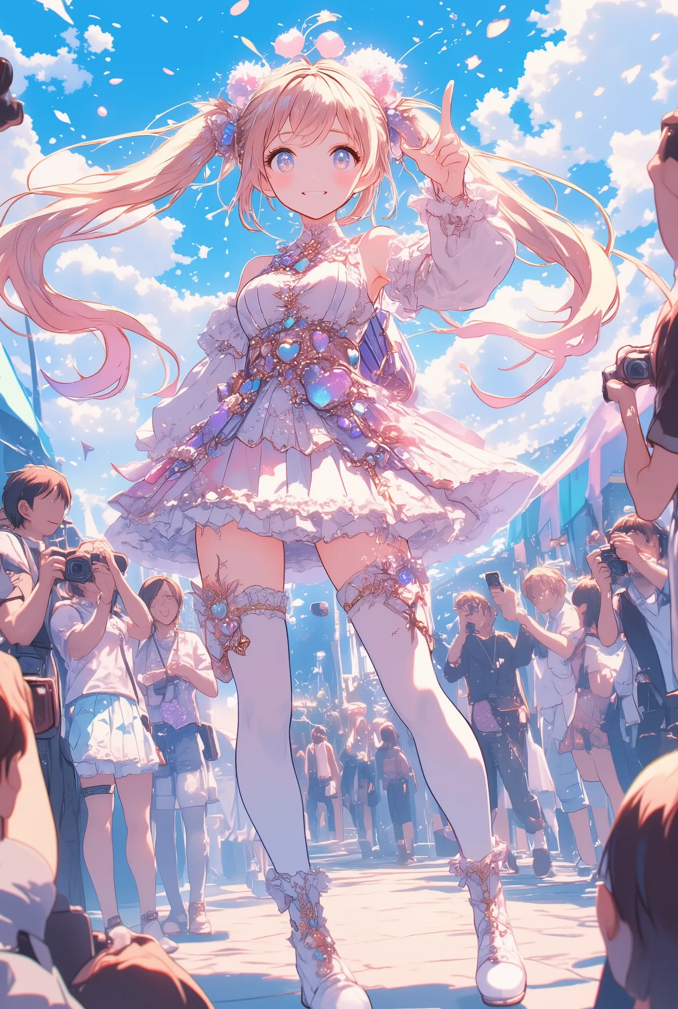 a cheerful anime-style girl in a magical girl cosplay outfit, standing at the center of an outdoor cosplay event,
surrounded by photographers holding up cameras and taking pictures,
she is striking a cute, confident pose with one hand raised, radiating...
