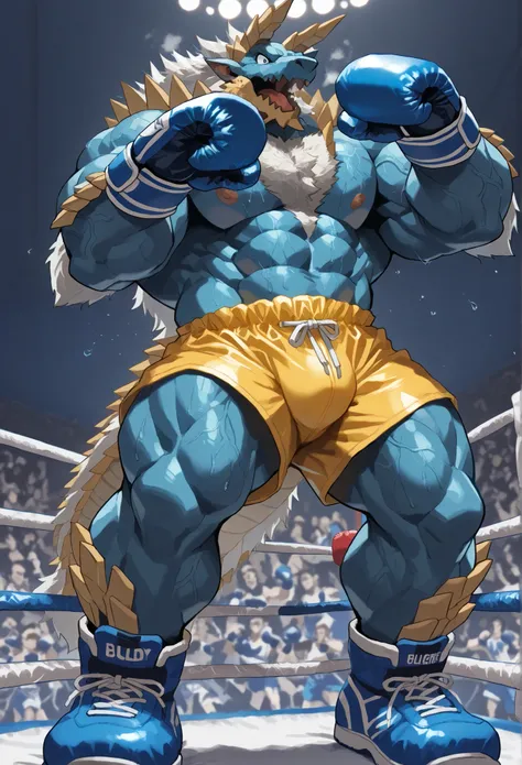 4K, masterpiece quality, pov_boxing, wildly Looking down on the losers, blue boxing shoes, blue boxing gloves, yellow boxing shorts with gold embrems, bulge, full body, depth of field, boxing, wildly posing with his chest out, fist pump pose with arms risi...
