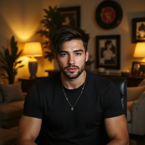 A fair-skinned young man with a neatly groomed beard and styled hair, wearing a dark T-shirt and a minimalist pendant necklace, sits confidently on a black leather executive office chair. His expression is focused and engaged as he explains a topic directl...