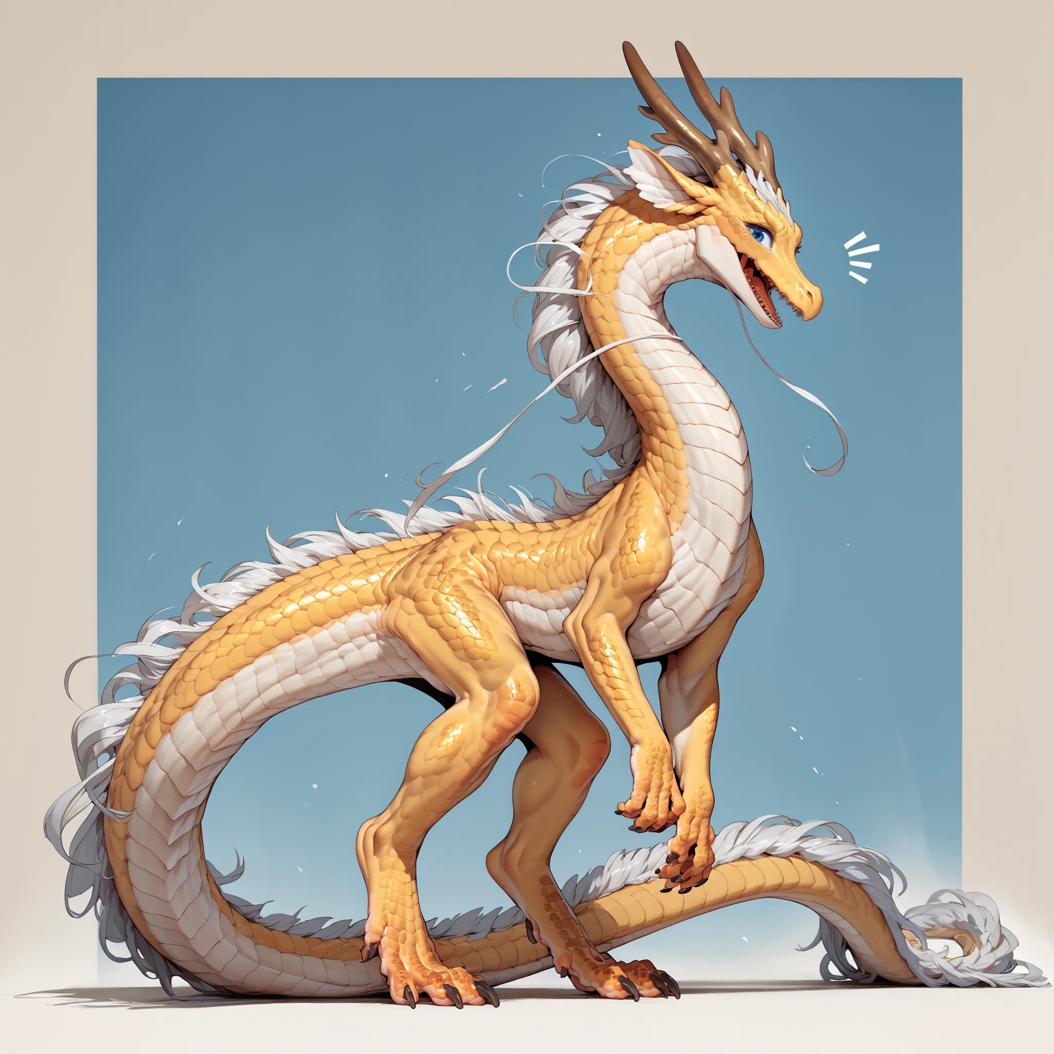 [Female Eastern Dragon] with Yellow Scales, White Underscales, Dark-Blue eyes, Tan Horns, long snout, Sharp Spikes from the back, long (Slightly chonky body) with 2 arms and 2 legs.
Standing on 4 feet, Quadrupedal.
(Excited Expression).
(Solo), (Front View...