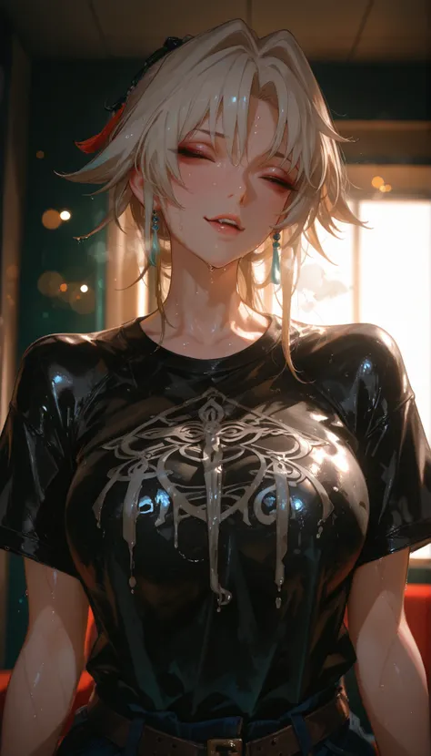 a Woman, Feixiao de HSR bitch sensual, undershirt, masterpiece, highres,after_ Body, Tyndall effect ,photorealistic, edge lighting, Bicolor lighting ,(high definition leather t-shirt:1.2), 8K uhd, dslr quality, soft lighting , High Quality, volumetric ligh...