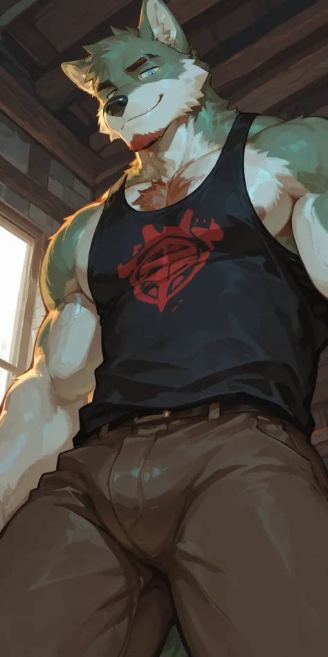 1 Uncle,(((middle-aged_male:1.5))),old_man:0.5,green wolf,furry,blue eyes,green fur,white body,黑色Goatee,Goatee, Red Chest Hair ,There is a scar on the right eyebrow(stout),strong ones,Abdominal muscles,((Uncle:1.3)),(( adult)),((mature)),((older)),is 50 ye...