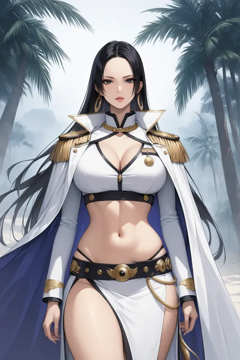 masterpiece, best quality, realistic,
1girl, solo,
  1girl, boa hancock, black hair, jewelry, earrings, large breasts, long hair, black eyes,   ||1. yomamabhamazon, white cape, epaulettes, navel, crop top, side slit, long sleeve,