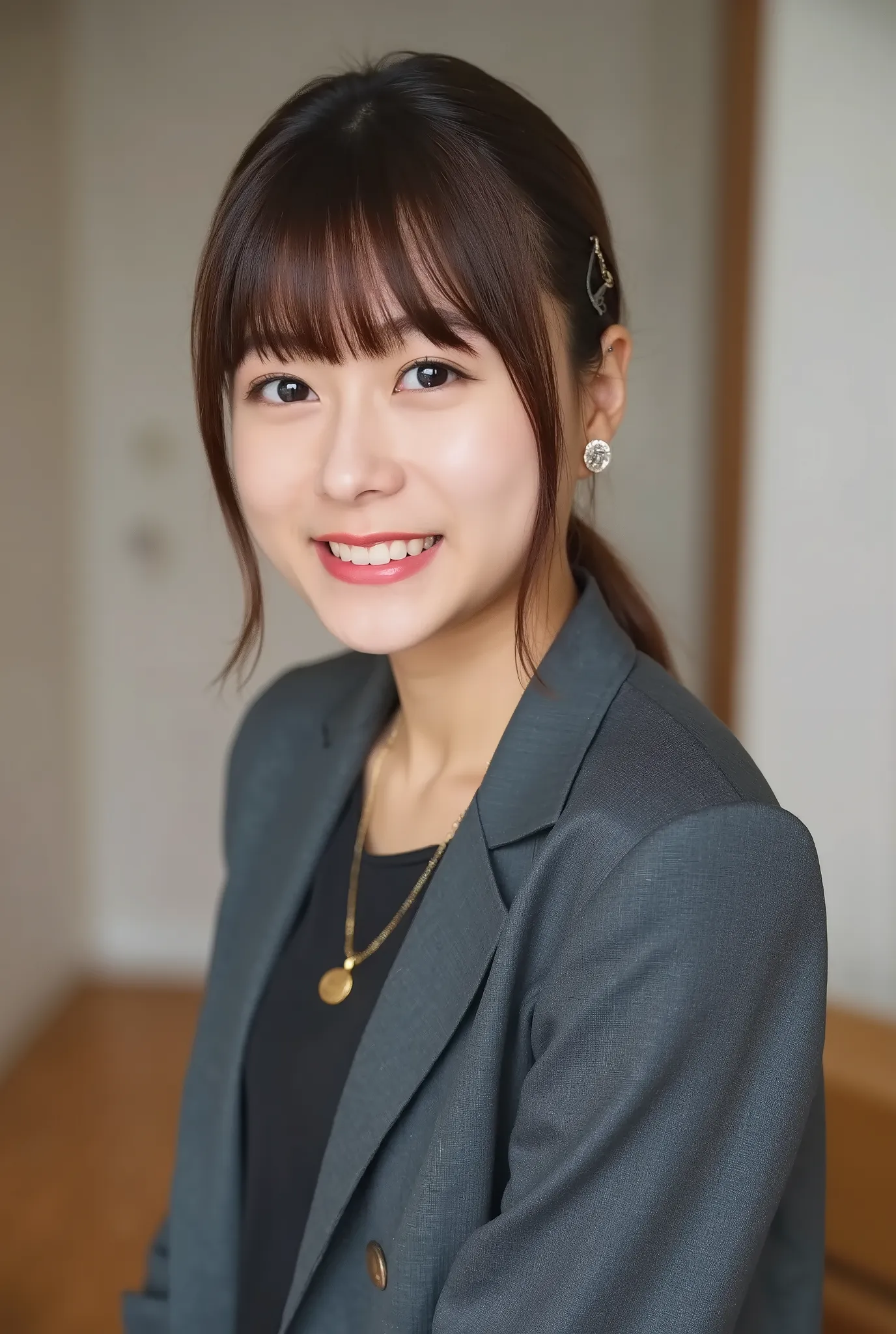 A neat and clean young woman、office lady suit、jacket、shirt、necklace、and look at the camera、、 濃いアイシャドウ、、 smile showing teeth、歯茎が見える、ネックレス、ear piercing、upper body、Background is in a room、
