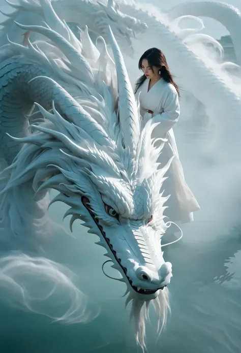 white Chinese dragon looking down at a woman on a foggy lake. cloud, thick mist, Symmetry Composition, A woman in a white robe walks on a lake 、Staring at a dragon , full of mysteries, close-up