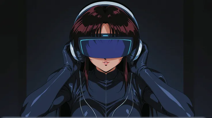 woman using headphones and virtual reality in a dark hall, dark style retro 90s