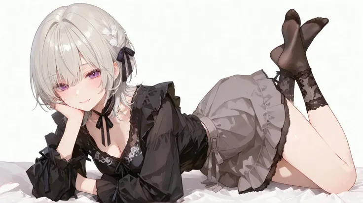 One woman、adult women、short wolf cut hairstyle、 Silver Hair、purple eyes、pretty eyes、is smiling、black blouse、 frill、gray skirt、ribbon、black lace socks、is facing here、relaxed、pure white background、full bodyショット、full bodyが映っている、full body、simple background、whi...