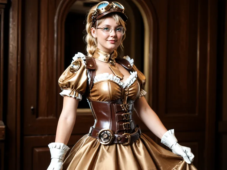 Realistic cute, A steampunk style girl, with extremely long long blond hair divided into ponytails, The hair is extremely long it has never been cut , wearing brown aviator helmet with gold glasses, brown and white military uniform style dress with ruffles...