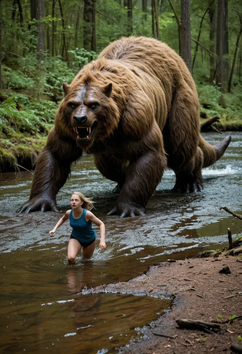 high-resolution details of blue-eyed woman, with torn clothes, Running away from a monster, monster chasing the girl dragging her huge tail across the floor in a swamp with lots of dirty water