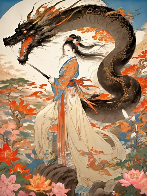 A beautiful woman with braids holding a sword is armed、Dynamic battle with dragons、Hold a long Japanese sword and hold it on your shoulder、Remains of a monster at her feet、Japanese art flowers in the background、A beautiful woman with a small face and a lon...