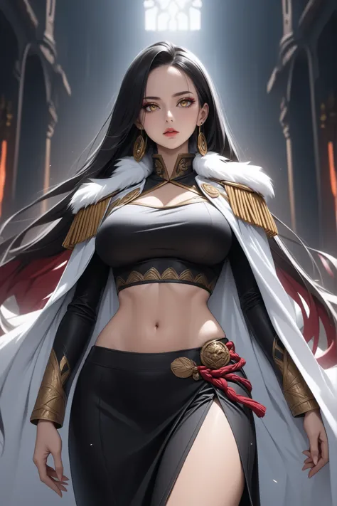 ((extreme quality)), ((Masterpiece)), (( Enrich the picture, Masterpiece level quality)), boa hancock, black hair, long hair, large breasts , golden eyes , extreme eyes details, fierce woman, raw 4k, perfect proportions , extreme hair detailed, extreme clo...