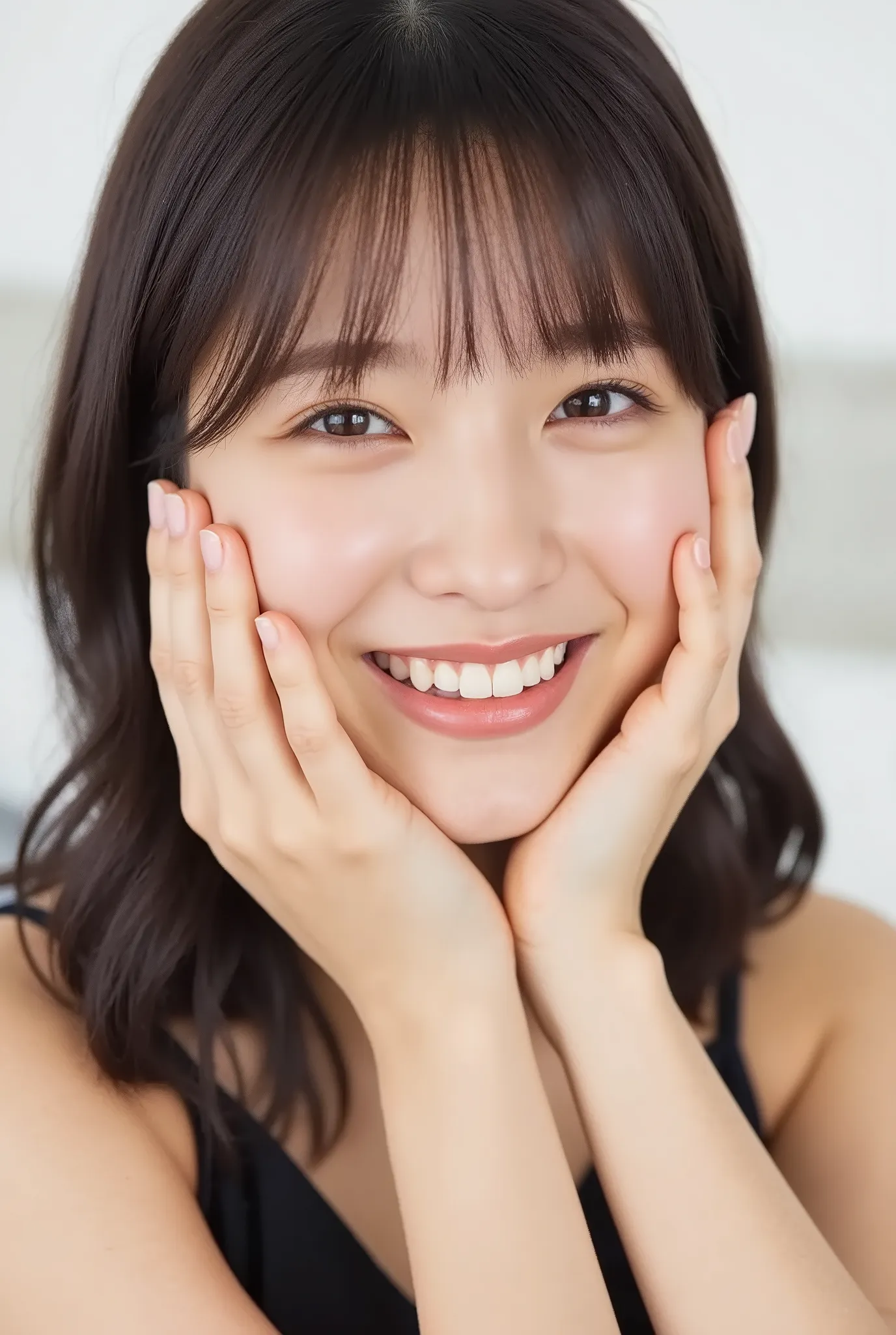 extreme close-up portrait, face fills 95% of frame, beautiful girl with an overflowing dere-dere expression, soft eyes melting with love and joy, ultra-detailed sparkling irises, multiple bright catchlights, half-lidded eyes looking directly at viewer with...