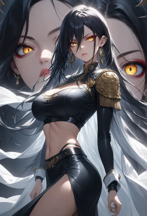 ((extreme quality)), ((Masterpiece)), (( Enrich the picture, Masterpiece level quality)), boa hancock, black hair, long hair, large breasts , golden eyes , extreme eyes details, fierce woman, raw 4k, perfect proportions , extreme hair detailed, extreme cloth detailed, extreme detailed , extreme background detailed, Movie scene, Realistically, Extreme Realistically, extreme resolution, ((great effect to highlight the subject)) , ( cinematic lighting , moody , textile shading) , perfect proportions , extreme detailed , volumetric lighting , soft lighting , glossy skin, glossy hair, beautiful face , extreme face details, Detailed facial features , Long eyelashes, Incredible atmosphere, Fascinating setting, dynamic pose, red eyeliner, ear rings , very angry face, very angry eyes, white cape, epaulettes, navel, crop top, side slit, long black sleeve,