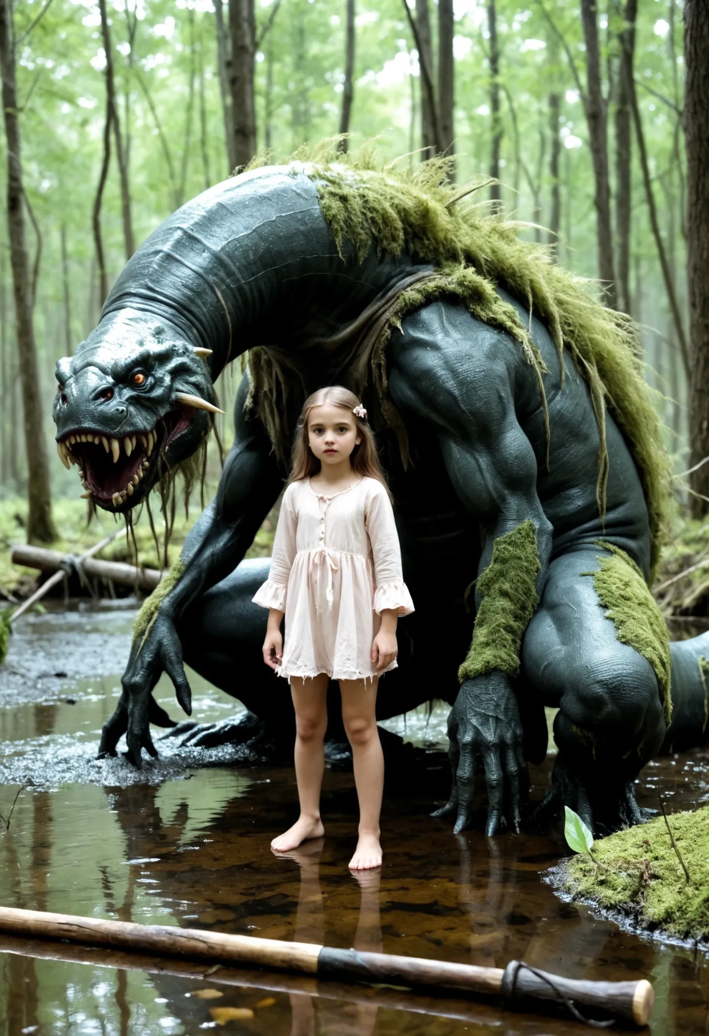 Very detailed innocent young girl,  dressed in torn clothes , fighting a monster with a huge tail at a stake ring in the middle of a swamp