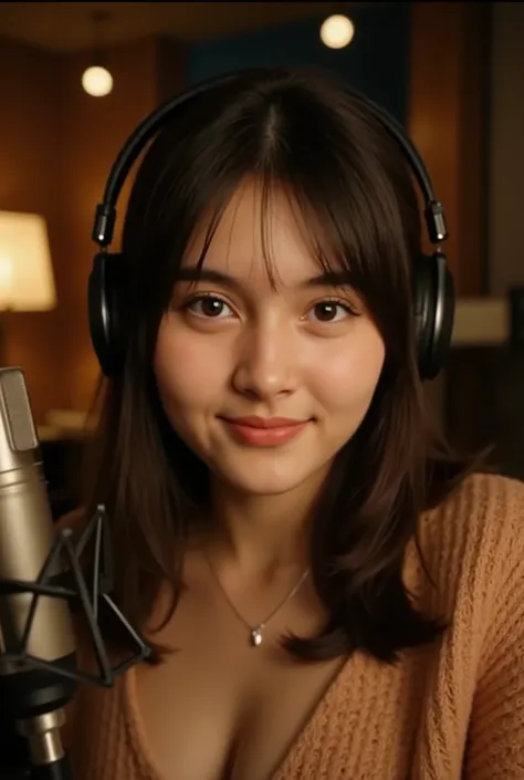 high-quality close-up of a young East Asian female singer in her mid-20s with soft bangs and shoulder-length wavy hair, eyes gently closed as she sings into a vintage studio mic in a dimly lit recording studio. Warm lighting highlights her calm and dreamy ...