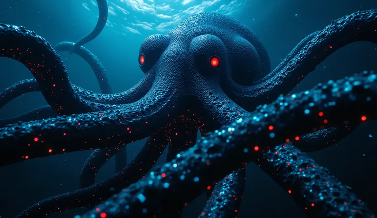 Massive giant squid with glowing red eyes lurking in the abyssal darkness of the deep ocean, enormous tentacles reaching through the void, bioluminescent spots illuminating its monstrous form, deep sea pressure environment, crushing depths, marine snow par...