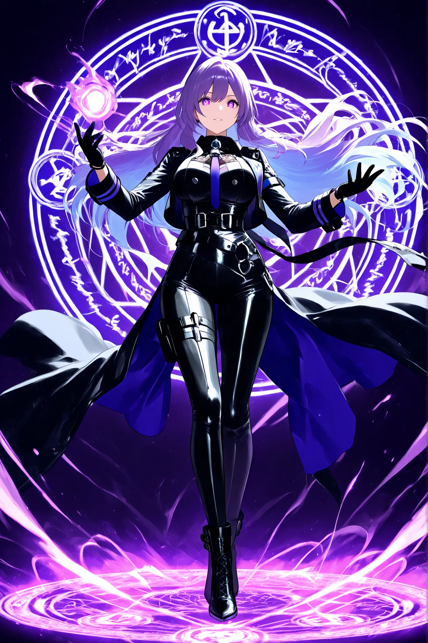 hand、Black Leather Gloves、Magic Circle Glowing Purple and Light Blue、Great Effects、Magic Circle Floating in the Air