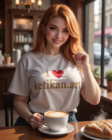 A visually hook image of 36DD Plus Bust Chest of Beautiful sexy face ginger haired Woman draped in an Oversized T-Shirt with a big fancy text "I ❤ ketikan.art" on it, sits and smiles sensually with a cup of hot creamy latte coffee on her right hand as if s...