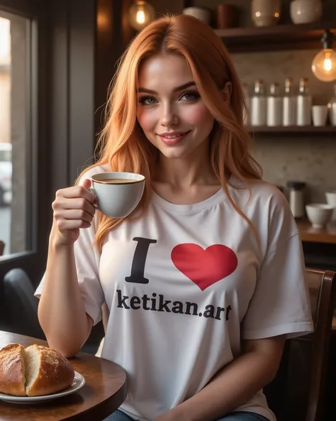 A visually hook image of 36DD Plus Bust Chest of ginger haired Beautiful sexy face Woman draped in an Oversized T-Shirt with a big fancy text "I ❤ ketikan.art" on it, sits and smiles sensually with a cup of hot creamy latte coffee on her right hand as if s...